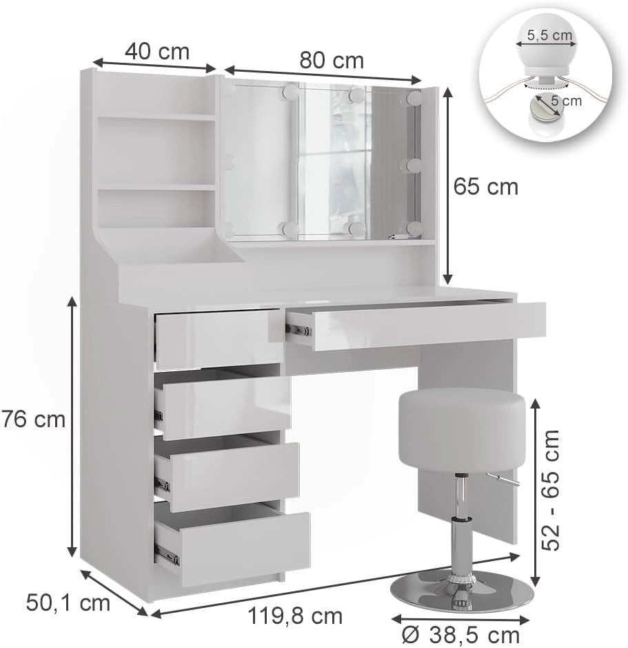 Tavolo da toeletta Sherry, Bianco/bianco lucido, 119.8 cm 4 parti