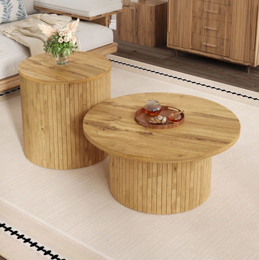 Set di tavolini da salotto rotondi 75x75x36 cm e 50x50x50.5 cm in MDF colore naturale