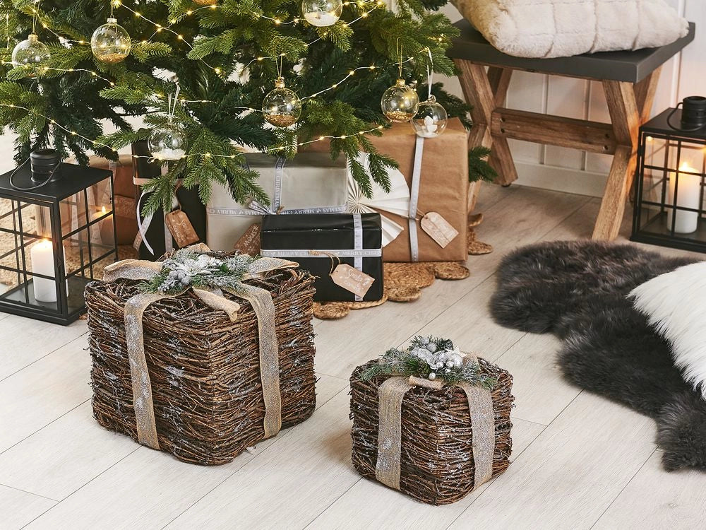 Scatole regalo decorative Set di decorazioni natalizie in legno argento di 2 quadrati di varie dimensioni Design rustico