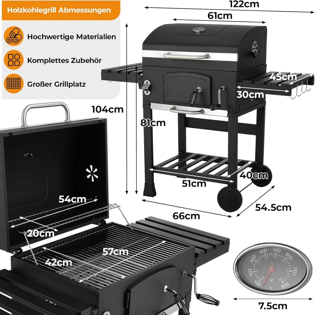 Barbecue Carbonella XXL con Coperchio, Griglia per Barbecue con Copertura Impermeabile, Ruote e Termometro, Altezza regolabile, Grande BBQ Smoke, per Campeggio, Giardino