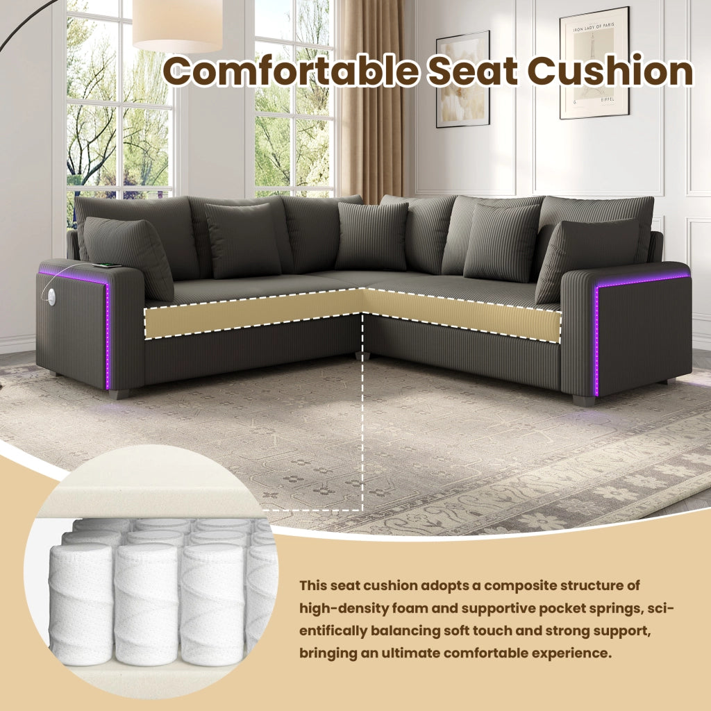 Divano angolare L 198x198 cm in corduroy grigio con LED; USB e USB-C