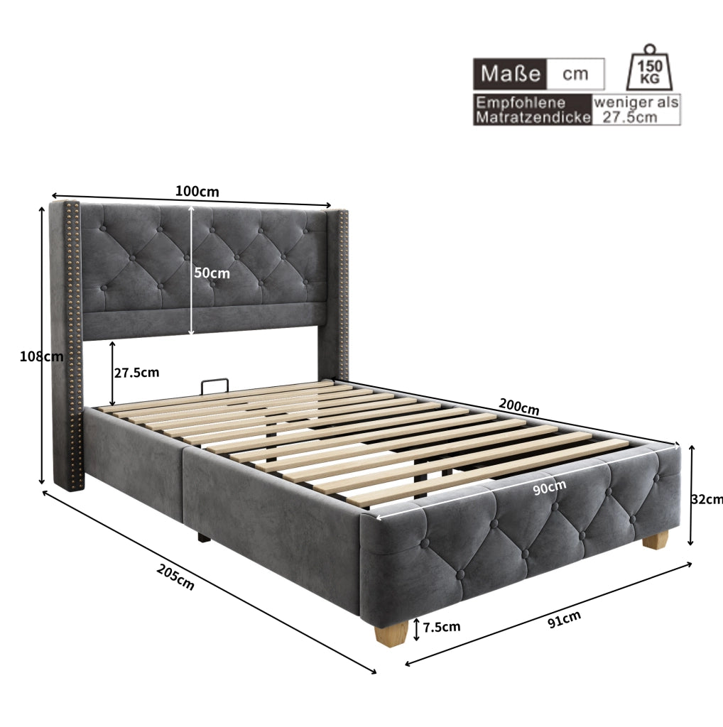 Letto imbottito 90x200 cm; testiera capitonn茅 e dettagli borchiati; velluto grigio (Senza materasso)