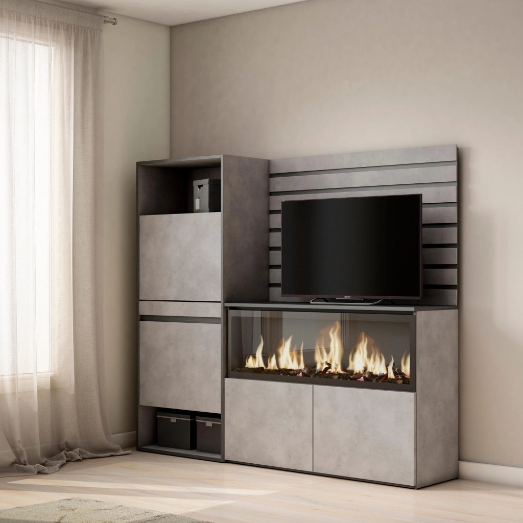 Credenza, 167x35x145cm, Camera da letto, Camino elettrico XXL, Scarpiera, grigio cemento RF3391