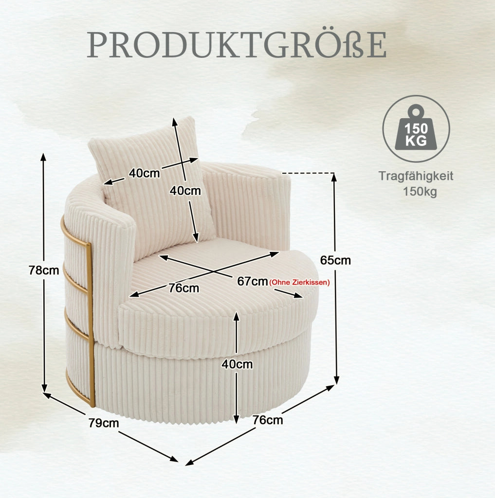 Poltrona girevole 360° in velluto a coste beige con contenitore; 76x79x78 cm