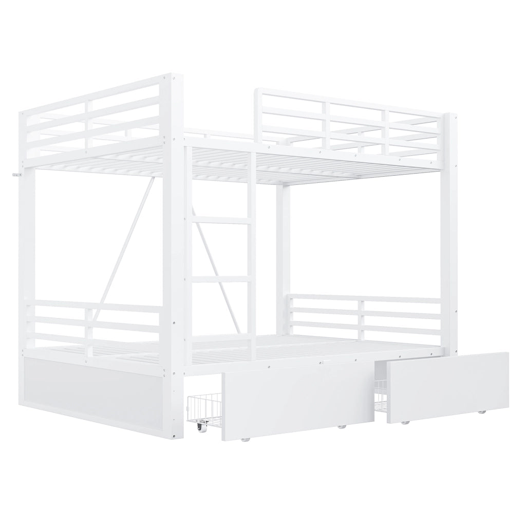 Letto a castello in metallo 140x200 cm con cassetti, scala e sponde di sicurezza, bianco