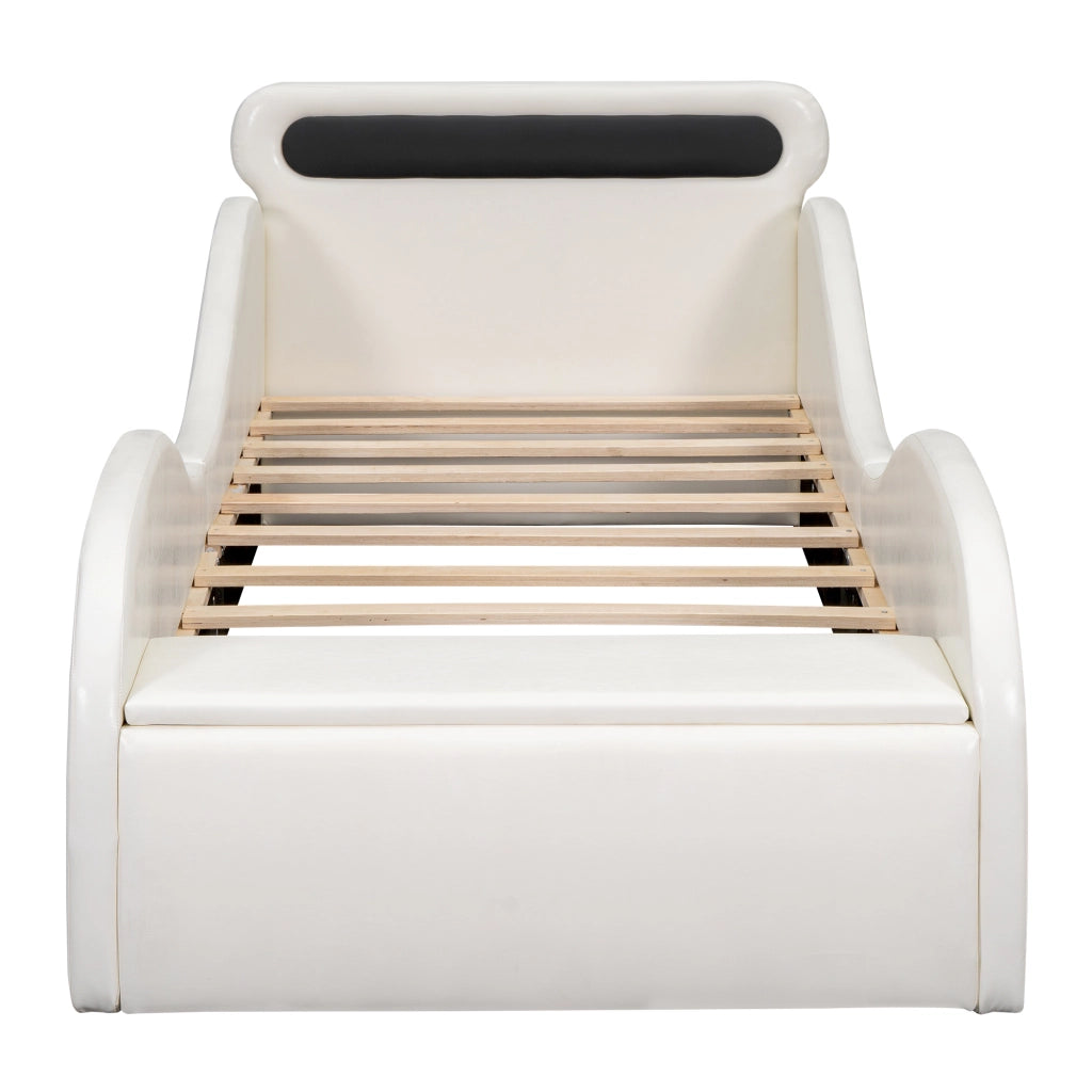 Letto imbottito auto bianco con ruote luminose in PU 90x200 cm
