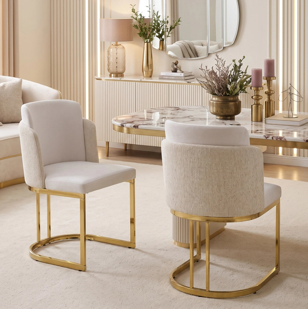 Set di 2 sedie da pranzo 61.49x58.5x54 cm con doppio schienale in chenille beige e oro