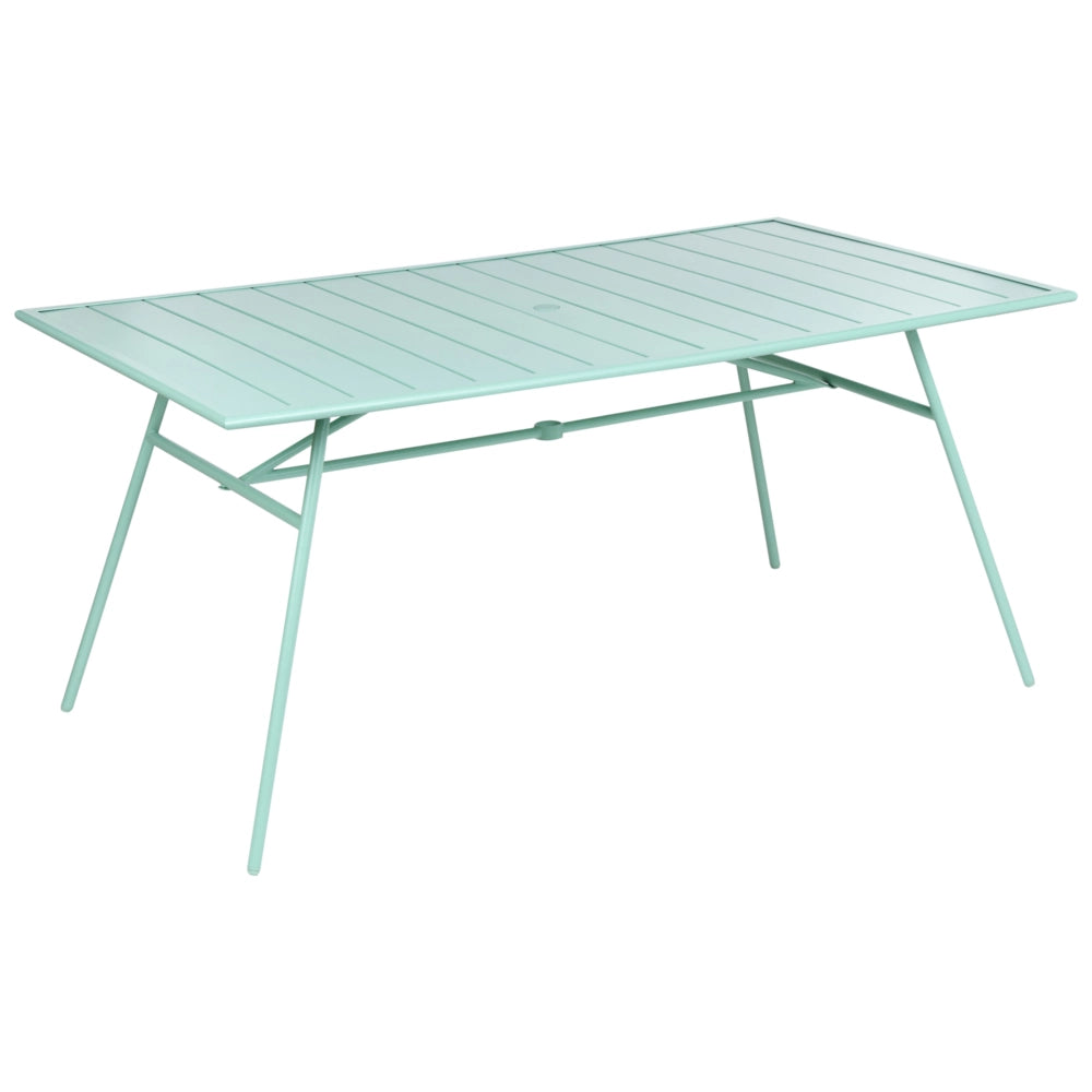 Tavolo da giardino in ferro zincato verde menta 160 x 90 cm, arredo da esterno verniciato a polvere, moderno