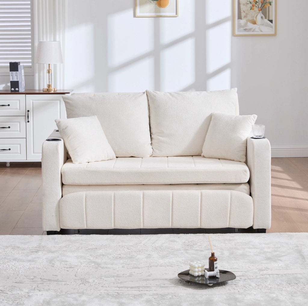 Divano letto 139x73x83 cm in ciniglia beige， salvaspazio， 2 posti