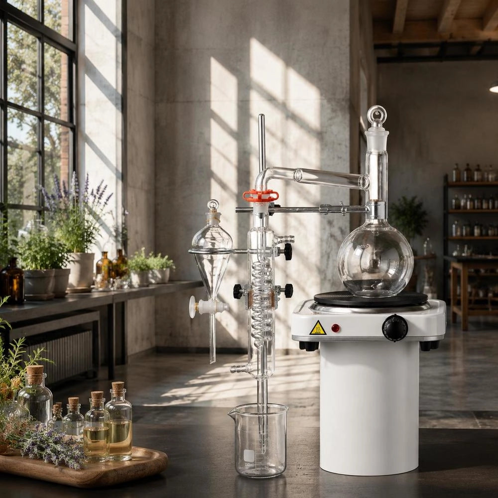 33 Piece Laboratory Distillation Apparatus With 500ml 3.3 Borosilicate Glass Flask, 24/40 Standard Joints For Essential Oil Extraction, Plant Hydrosol Preparation And Chemistry Education