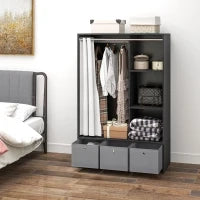 Armadio Appendiabiti con Asta, Tende, 3 Ripiani e 3 Cassetti in Tessuto Rimovibili, 105 x 48 x 160 cm, Nero