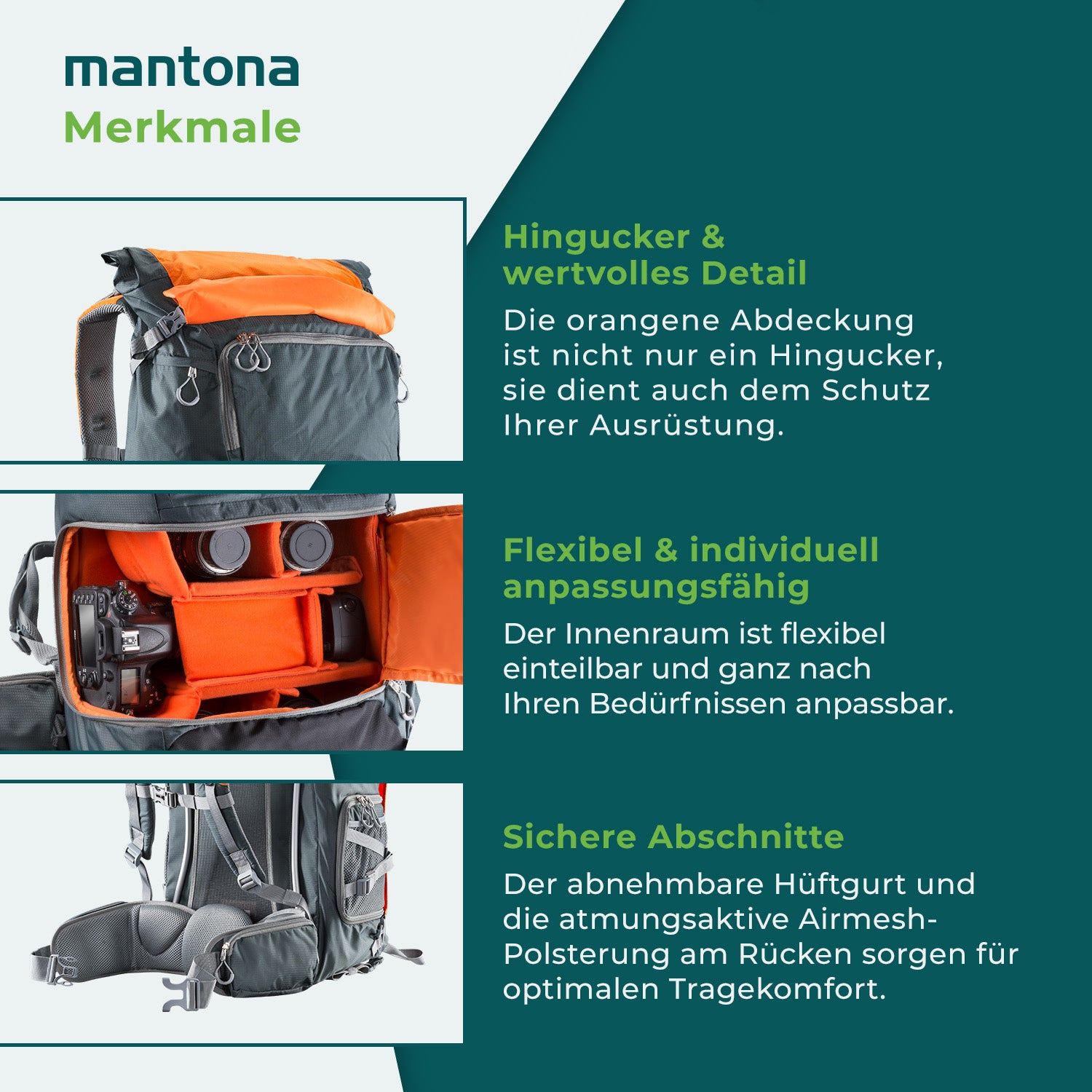 Mantona elementsPro 50 Zaino per fotocamera - Zaino professionale per fotocamera outdoor con scomparti interni personalizzabili, ampio spazio per 2 fotocamere e accessori, laptop fino a 15 pollici