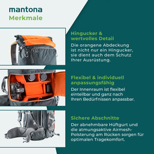 Mantona elementsPro 50 Zaino per fotocamera - Zaino professionale per fotocamera outdoor con scomparti interni personalizzabili, ampio spazio per 2 fotocamere e accessori, laptop fino a 15 pollici
