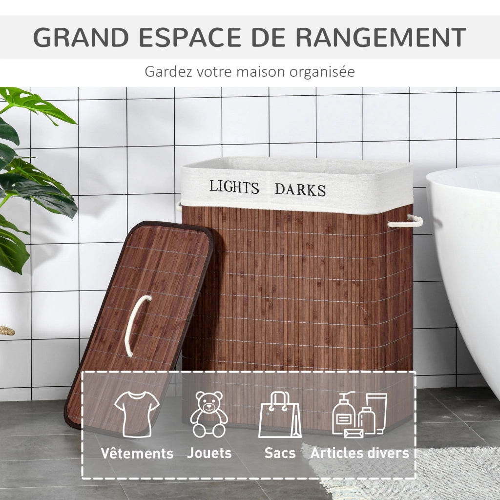 Cestino per il bucato 100L con 2 bachi in bamb¨´ pieghevole ¨C zephmum ¨C marrone 50x40x60