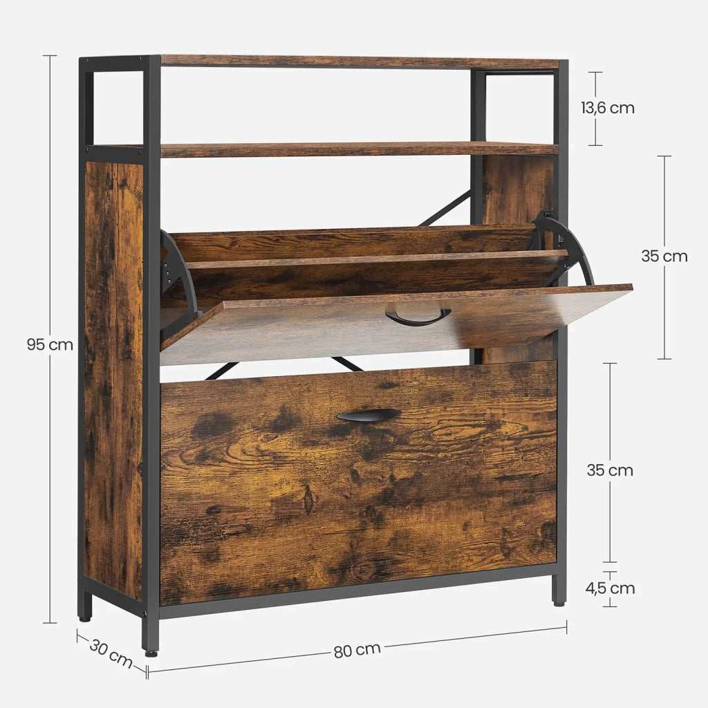 Scarpiera con 2 ante a ribalta mobile contenitore con scomparti aperti e divisori regolabili per ingresso contiene 10-16 paia di scarpe 80 x 30 x 95 cm marrone rustico e nero 12_0006369