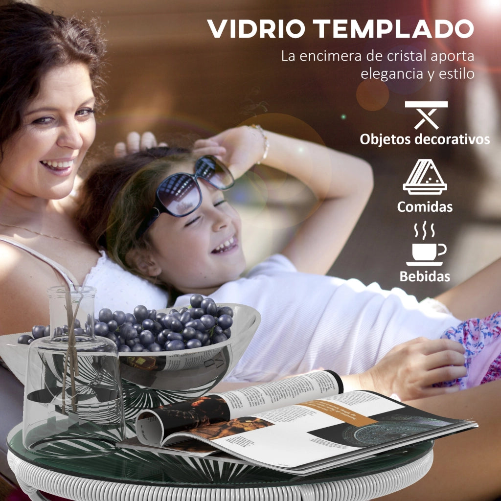Tavolino da esterno in polyrattan con piano in vetro temperato ¨C zephmum ¨C rotondo grigio 50x50 cm