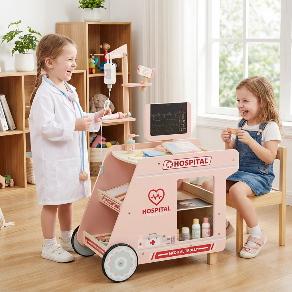 Ospedale finto centro medico per bambini e set da gioco medico in legno per bambini, Set da gioco dottore in legno e stazione medica mobile Blu