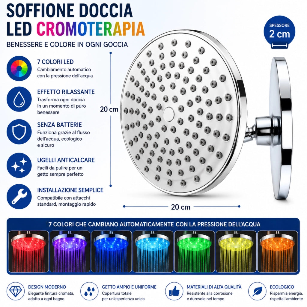 Soffione Doccia LED Cromoterapia 7 Colori RGB Rotondo 20 cm Multicolore 79906
