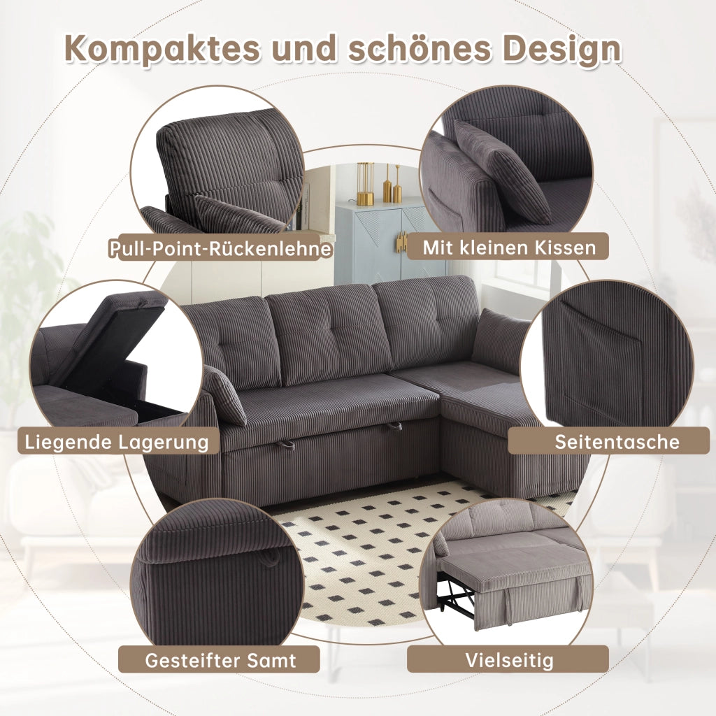 Divano letto angolare modulare con contenitore e chaise longue reversibile in velluto a coste grigio scuro