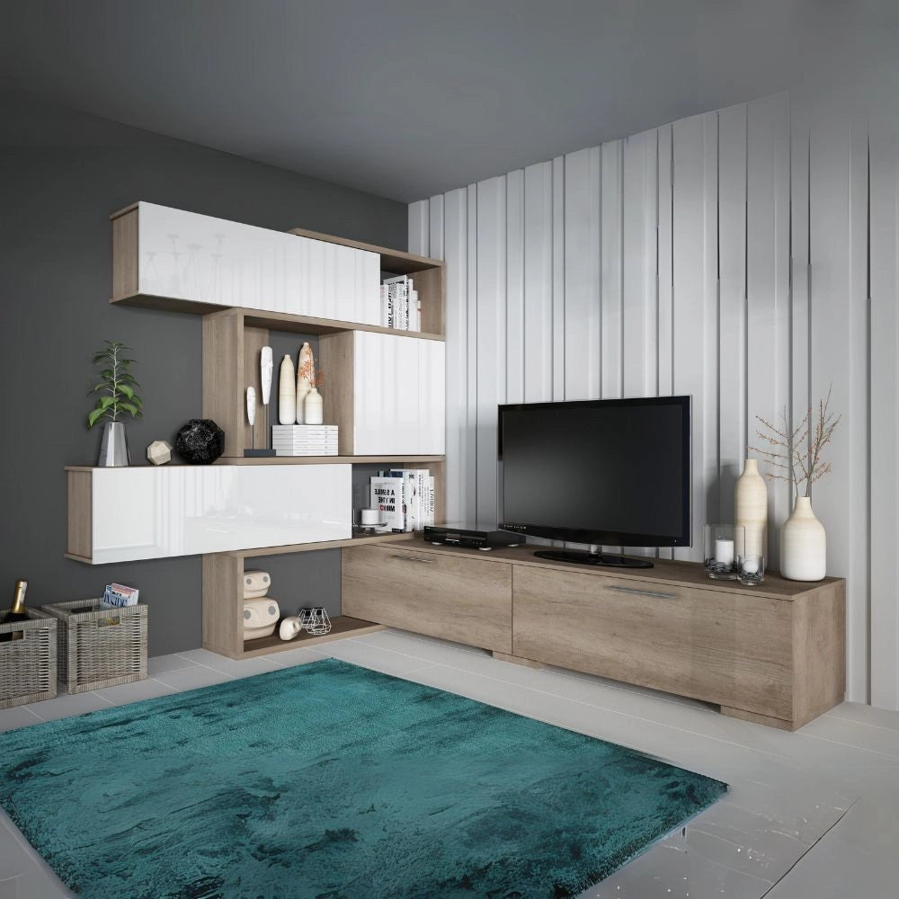 Parete attrezzata lineare o angolare reversibile 8016 colore rovere e bianco