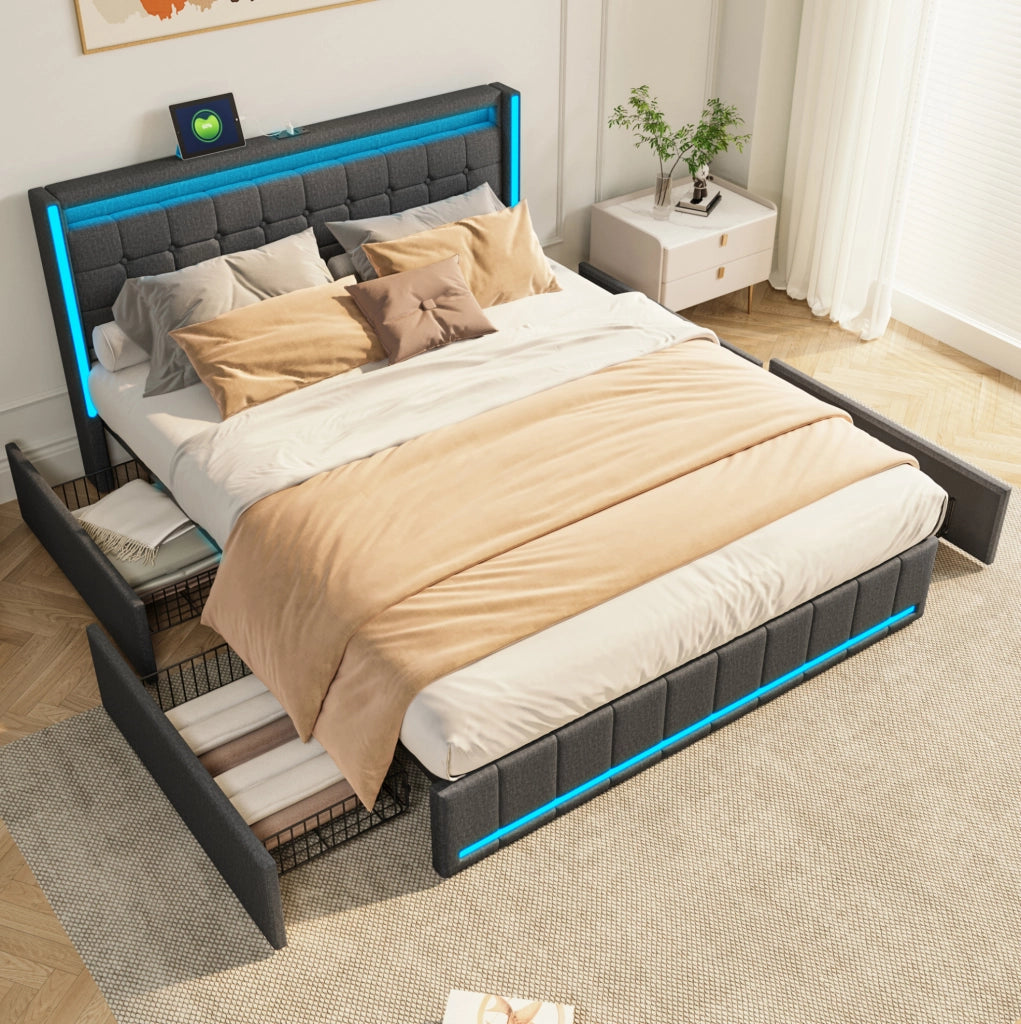 Letto matrimoniale 160x200 cm grigio scuro con LED; 4 cassetti e porte USB