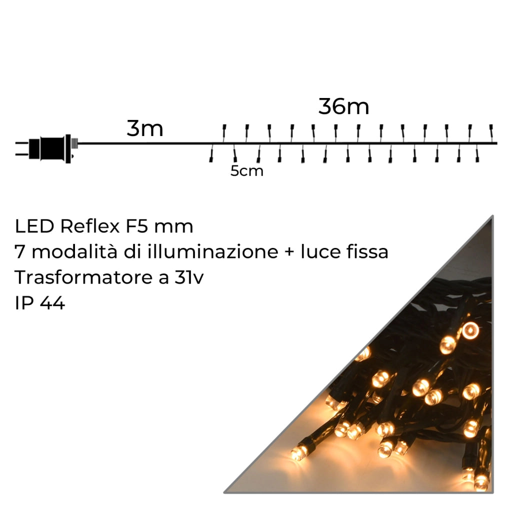 CATENA LUMINOSA DI NATALE 720 LED 31V 36M CON CAVO VERDE E LUCE CALDA - DECORAZIONE PERFETTA PER GIARDINI CASE E VETRINE