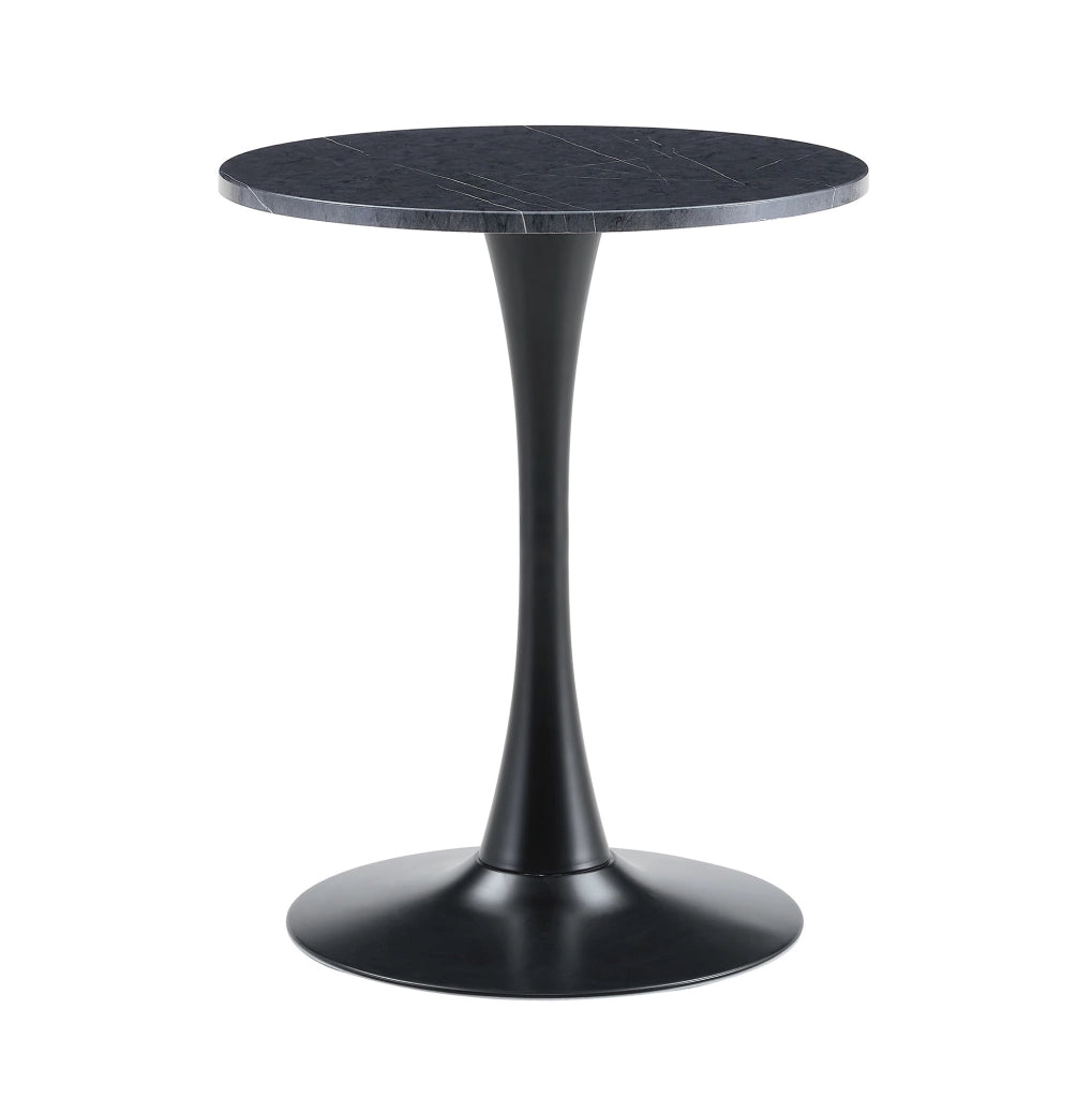 Tavolino rotondo in stile Mid-Century; piano in MDF effetto marmo nero e base in metallo nero