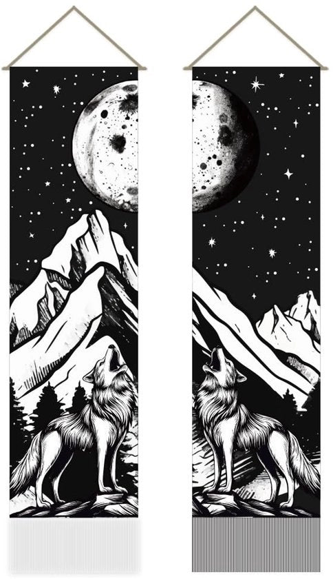 Tappeto da parete Mistica Wilderness - Lupo Piangente Lupo - Cielo Stellato - Pennello - Rilievo - 111 x 30 cm - Decorazione da parete