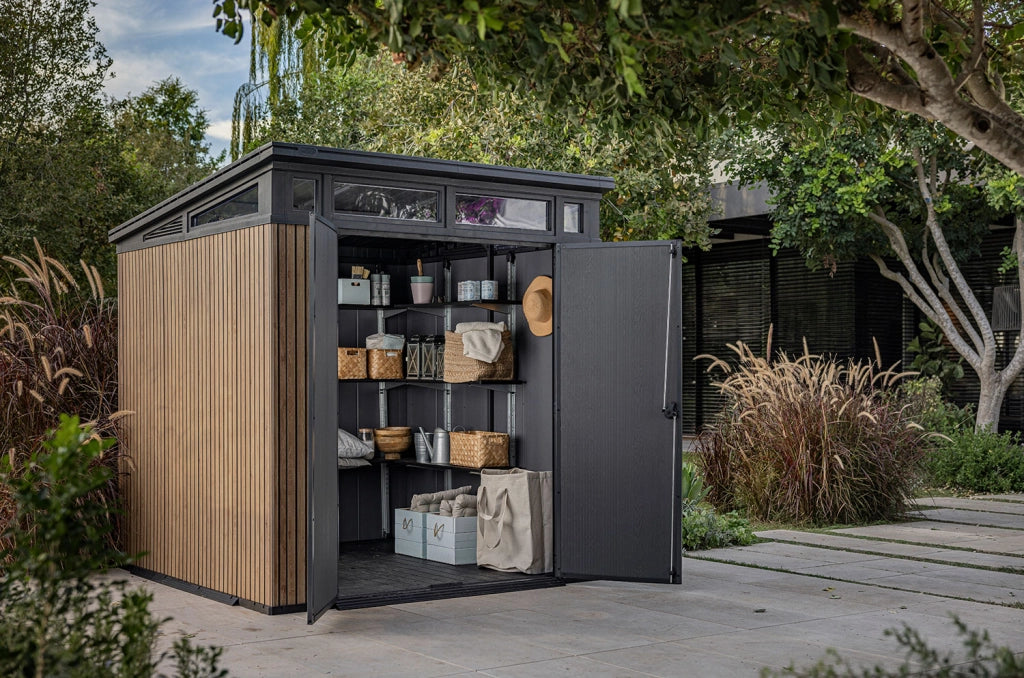 Casetta Box da Giardino 216x218x226 cm Keter Signature Venetian Pent 7x7 Effetto Legno Marrone e Antracite