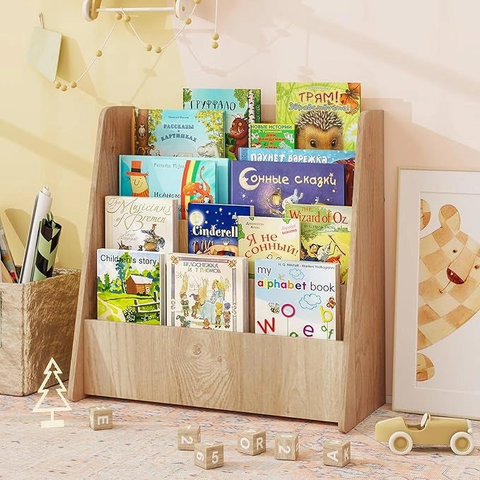 Libreria per Bambini a 4 Ripiani, Scaffale in Legno con Ampio Spazio di Esposizione, Porta Riviste per Camera dei Bambini Sala Giochi e Aula, 57,5x26,5x59 cm (Naturale)