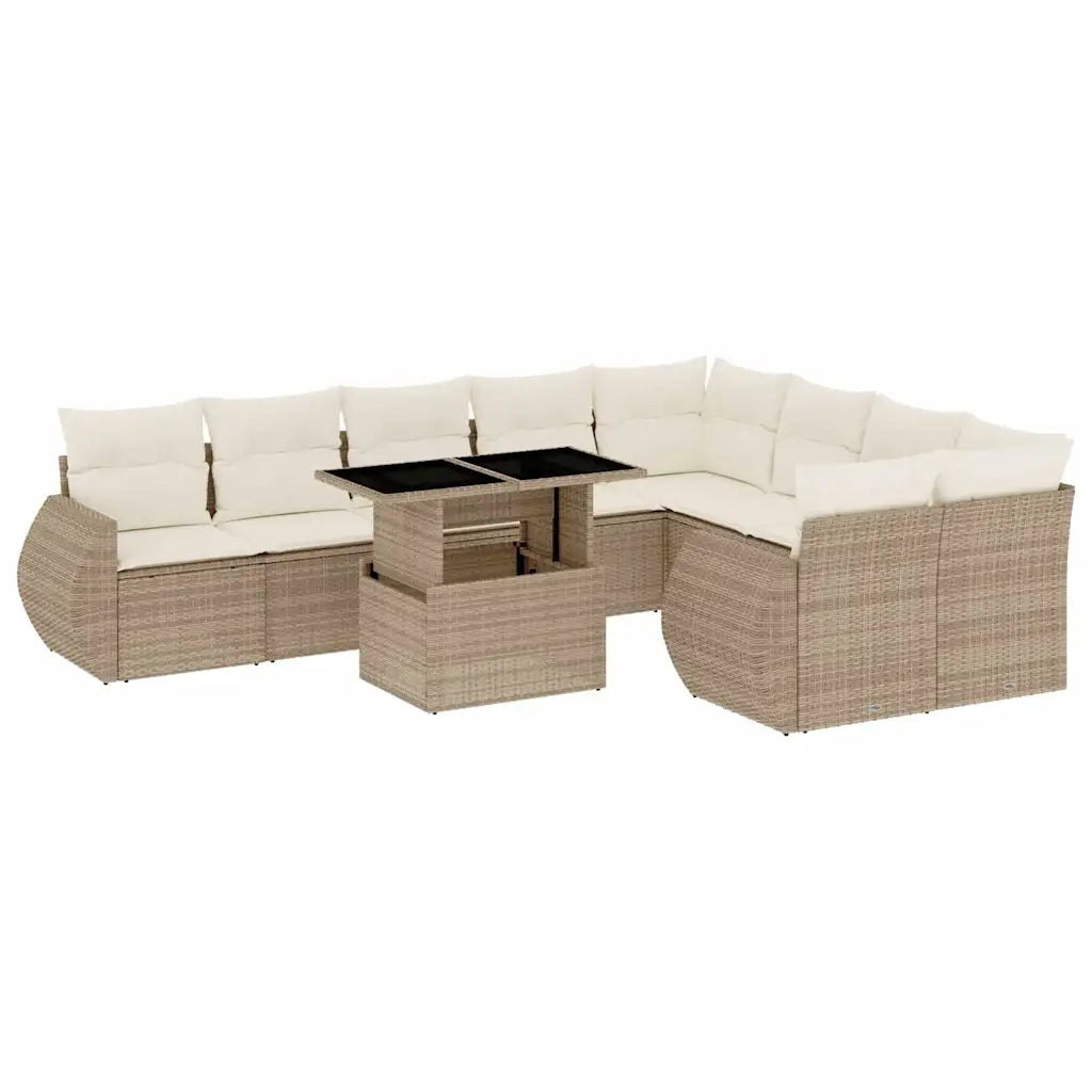 Set Divano da Giardino 10 pz con Cuscini Beige in Polyrattan