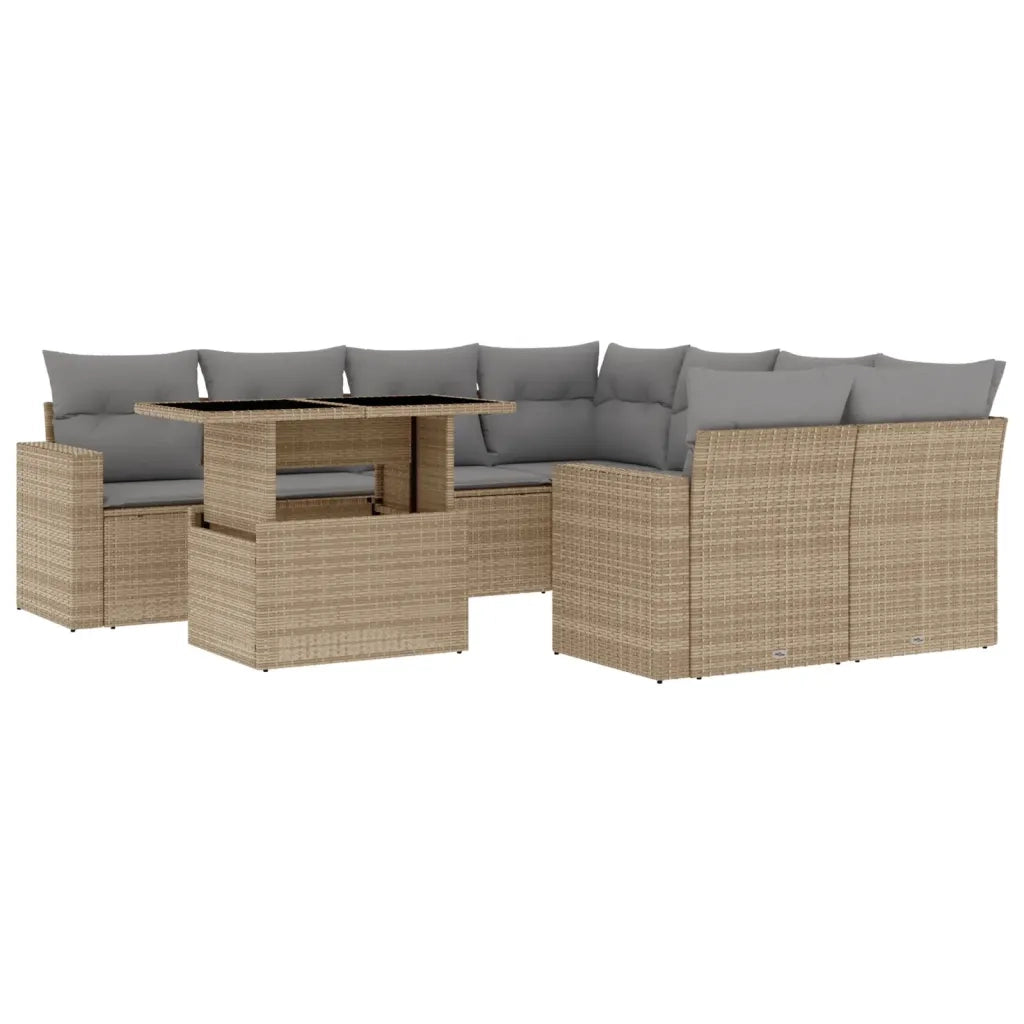 Set Divano da Giardino 9 pz con Cuscini Beige in Polyrattan