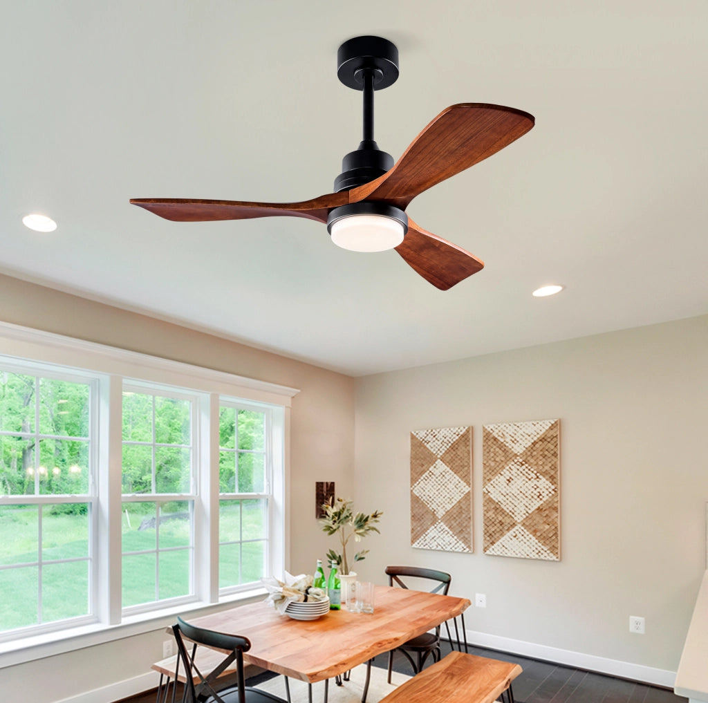 Ventilatore da soffitto con luce, motore DC reversibile, telecomando, nero e noce scuro