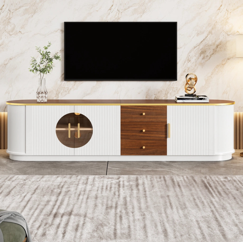 Mobile TV in MDF bianco 180 cm con 3 cassetti; 3 ante e vetro marrone