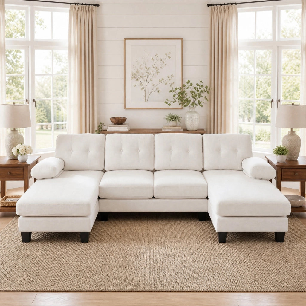 Divano panoramico a U 4 posti con doppia chaise longue, tasche laterali e braccioli removibili in ciniglia beige