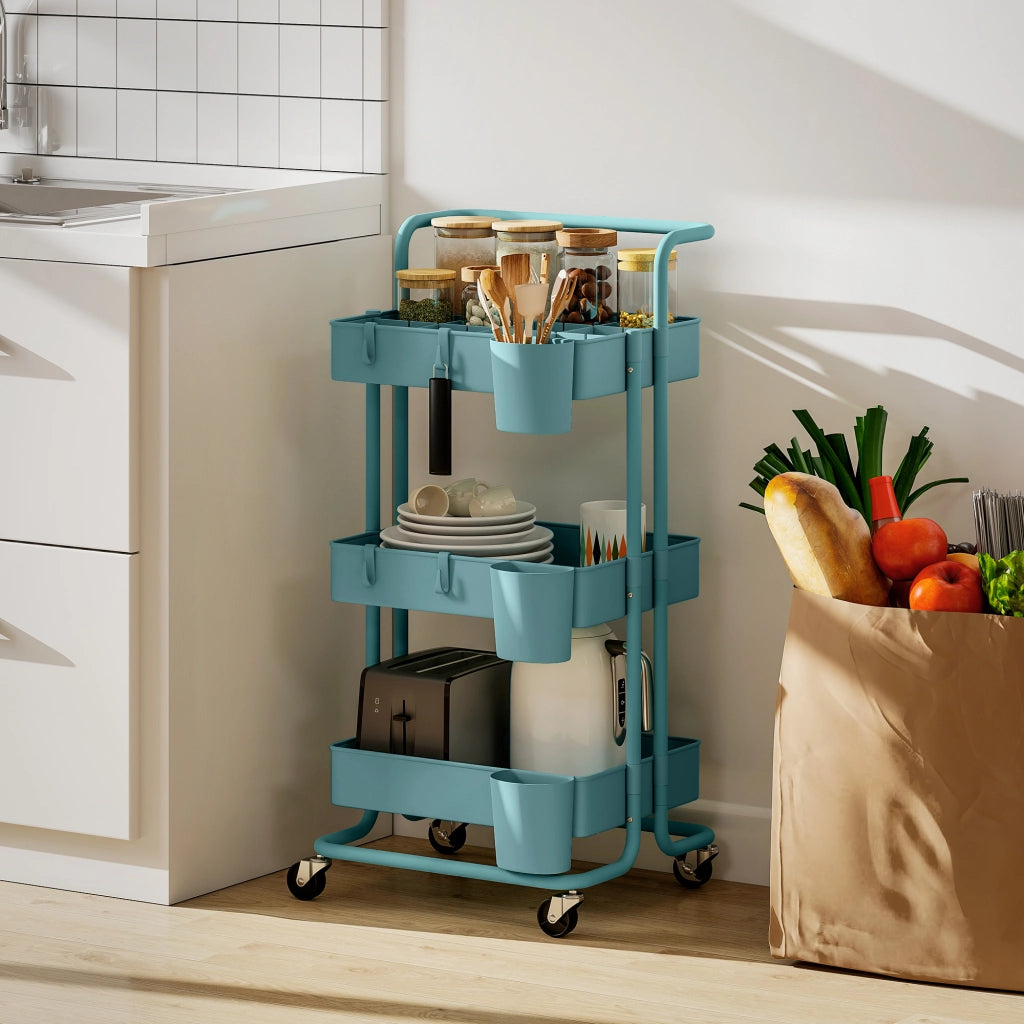 Carrello a 3 livelli con 4 ganci e 3 contenitori sospesi ¨C zephmum ¨C 42x38x86,5 cm blu-verde