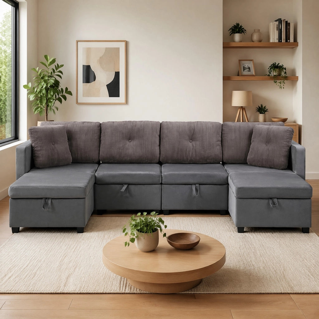 Divano Modulare a U Convertibile con Vano Contenitore, 6 Moduli, 6 Cuscini, in Velluto e Velluto a Coste, Grigio Antico