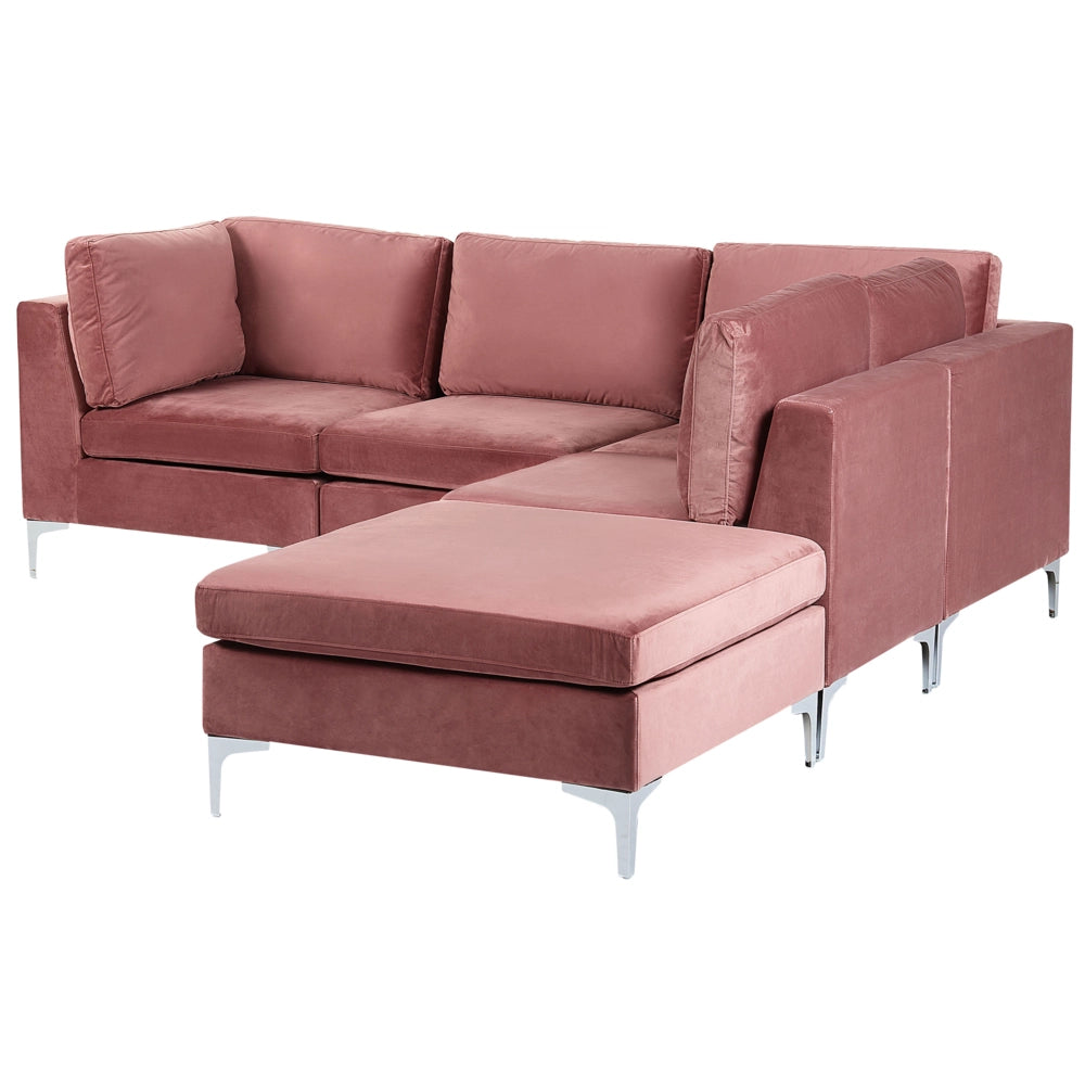 Divano componibile ad angolo versione sinistra a 4 posti in velluto rosa con gambe in metallo argentato a forma di L ottomana Stile glamour