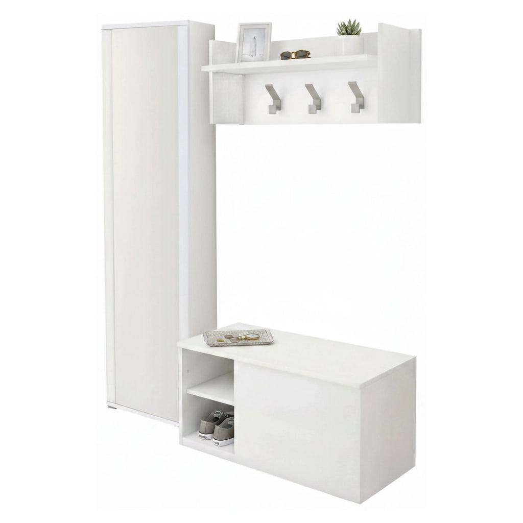 Mobile da ingresso Tanzanite, Entratina moderna con appendiabiti, Mobile con scarpiera, Armadietto con specchio, Cm 50x32h182, Bianco