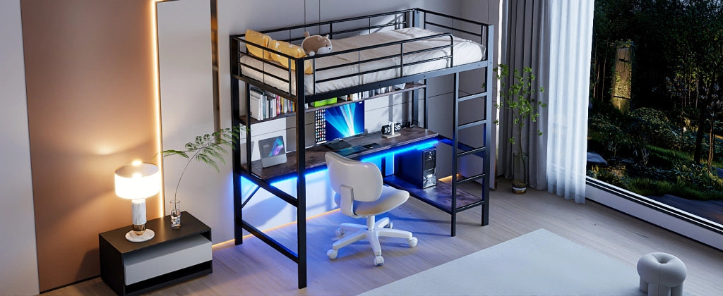 DESMIU Letto a soppalco letto singolo 90 × 200 cm con USB, presa, LED regolabile e scrivania, senza materasso