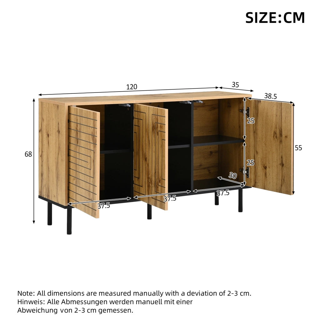 Credenza con 3 ante e 6 vani, apertura push-open, motivo a onde, per soggiorno e sala da pranzo, 120 × 35 × 68 cm