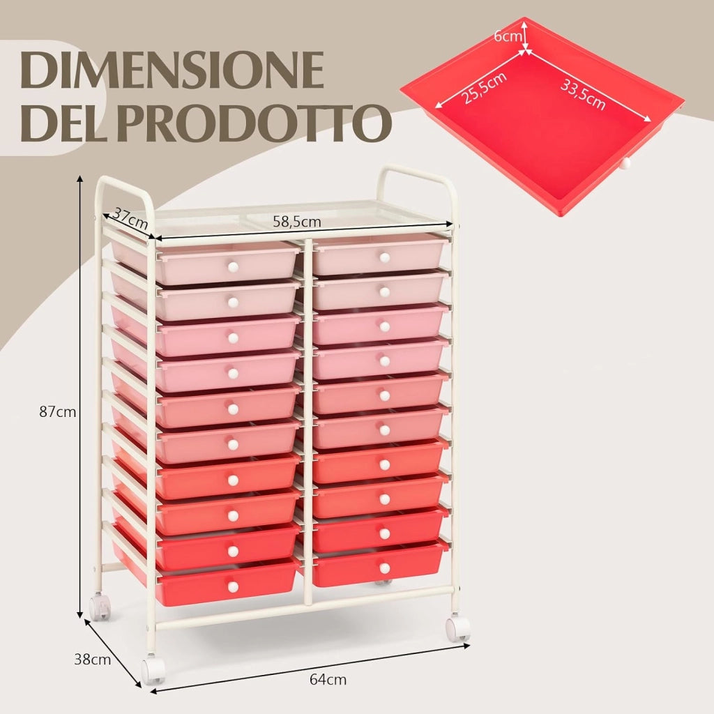 Carrello di Stoccaggio con 20 Cassetti, Carrello portaoggetti con 4 Ruote, Carrello Multiuso per Scuola Ufficio Cucina, 64 x 39 x 88 cm (Rosa)