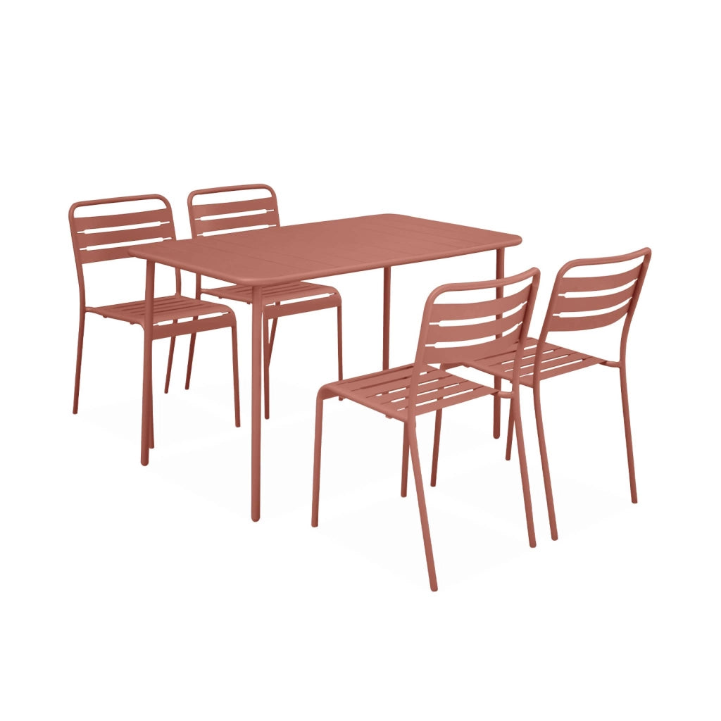 Set tavolo da giardino in acciaio con 4 sedie, 120cm, terracotta