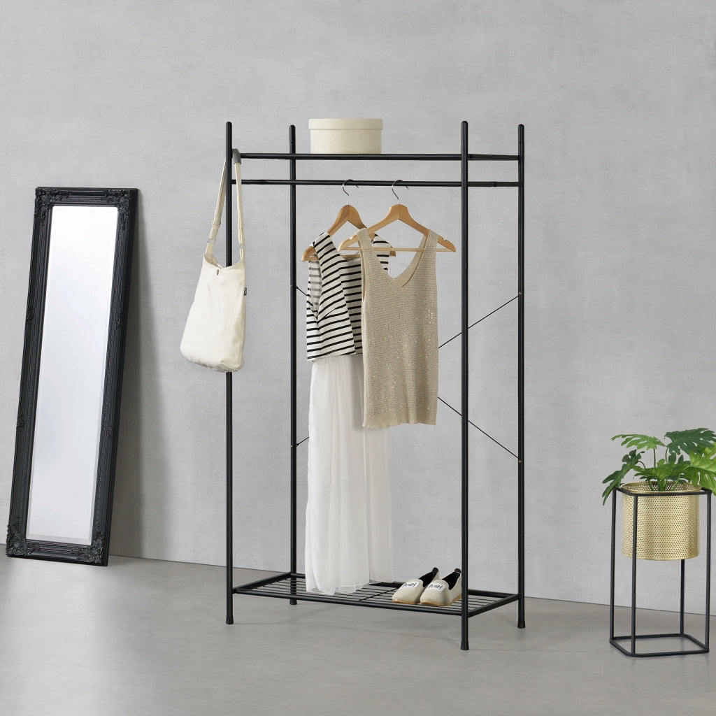 Organizzatore Guardaroba, Scaffalatura con Asta Appendiabiti e 2 Ripiani, Cabina Armadio Senza Ante (AxLaxP) 150 x 80 x 40 cm - Nero, Metallo