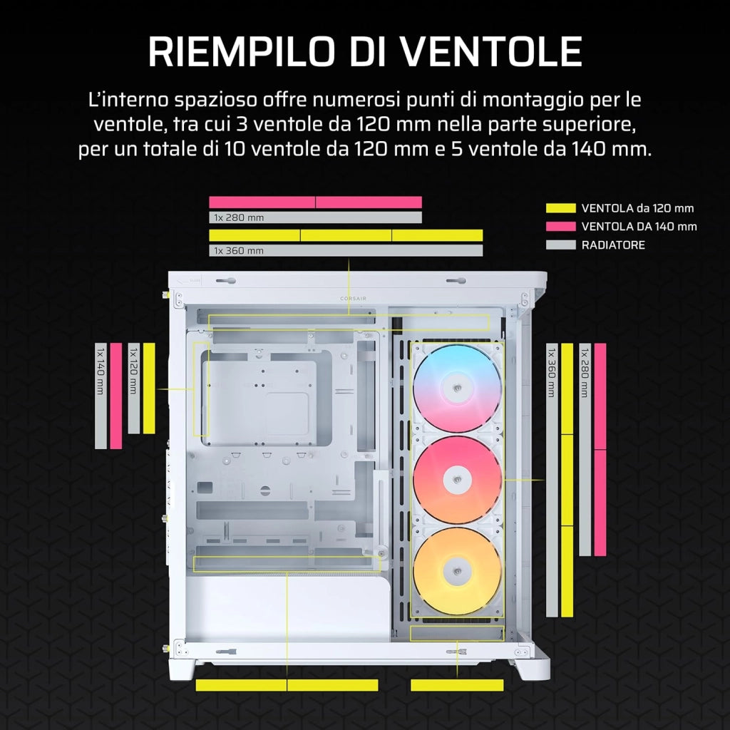 FRAME 4500X RS-R ARGB Case Mid-Tower per PC con Vetro Panoramico – Sistema di Montaggio InfiniRail, Adatto a Due Radiatori da 360 mm, Anti-Sag della GPU, Include 3 Ventole RS120R – Bianco