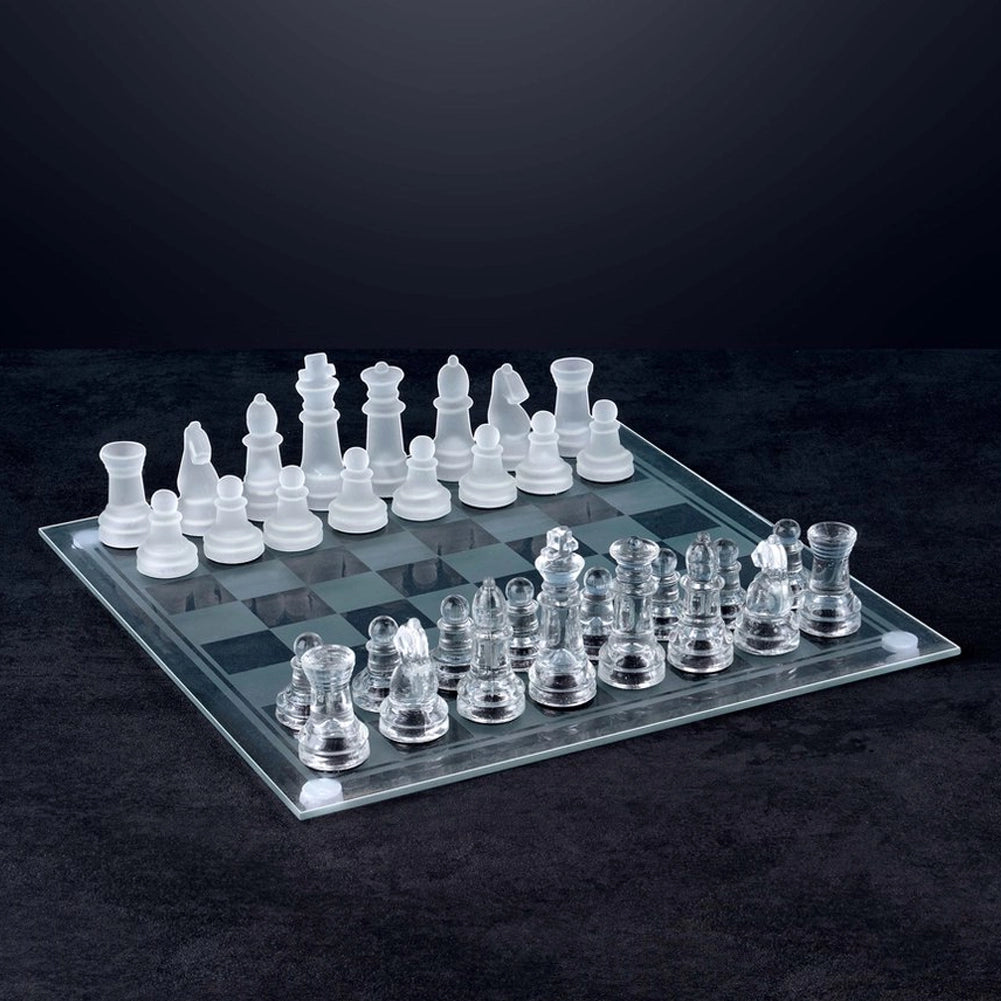 Set Scacchi in Vetro 20 x 20 cm Scacchiera Moderna Gioco Classico con 33 Pezzi Bianco e Nero