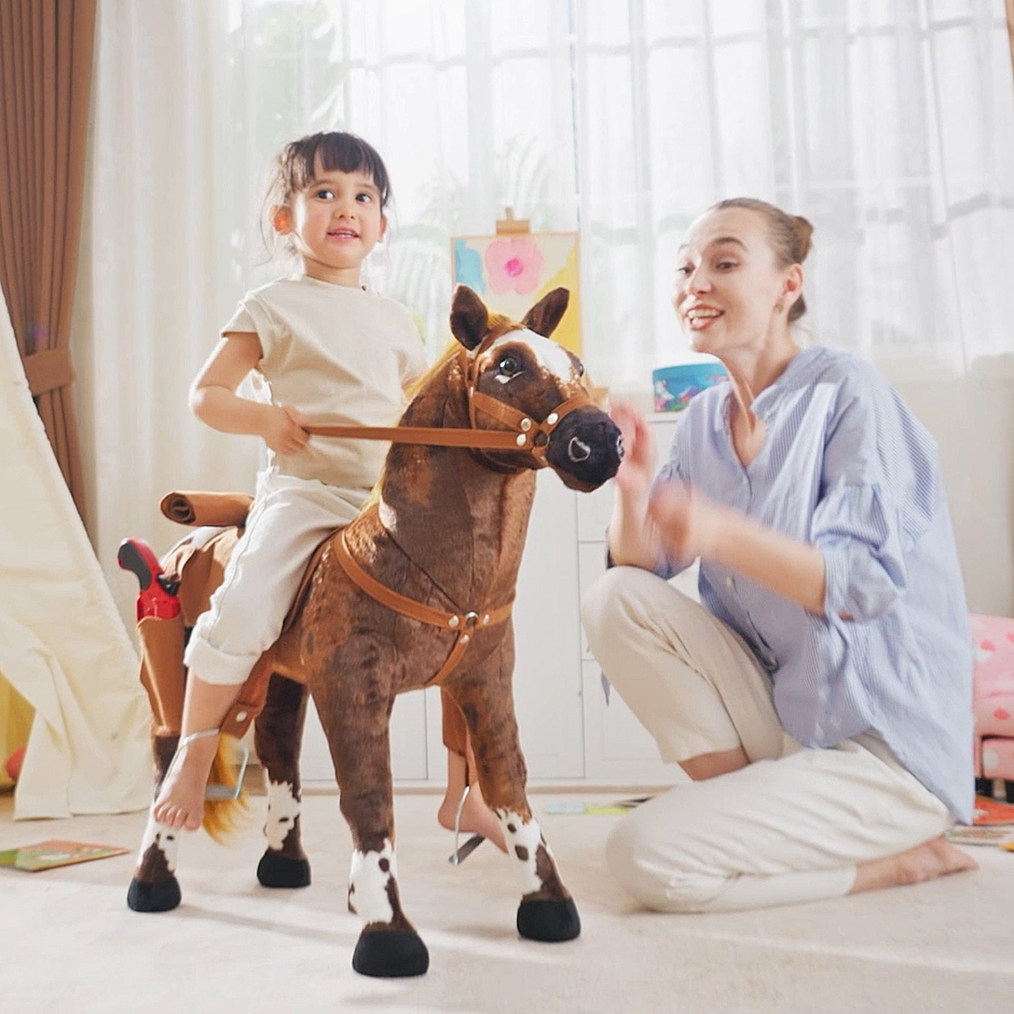 Cavallo a Dondolo per Bambini Realistico 85x28x60 cm in Peluche e Metallo Marrone
