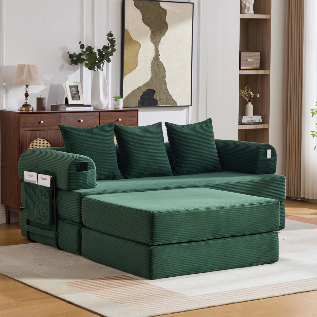 Divano modulare in corduroy con pouf, struttura in metallo, tasca laterale e 3 cuscini – Verde smeraldo