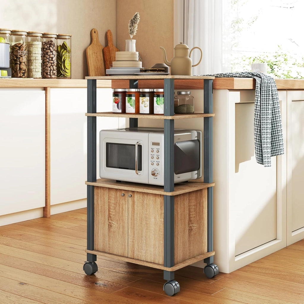 Carrello a rotelle a microonde, carrello da cucina a microonde, con 4 ruote e 2 freni, ripiano portaoggetti a 3 livelli e armadio ante,60 x 40 x 98 cm (Naturale)