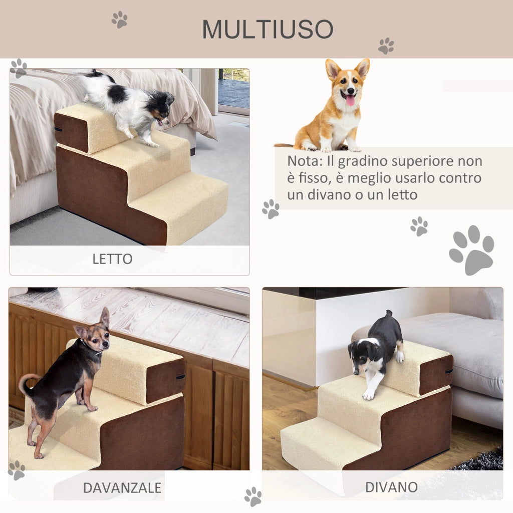 EasyComfort Scala per Cani e Cuccioli a 3 Gradini Rimovibili e Antiscivolo, Beige e Marrone, 54x40x39cm